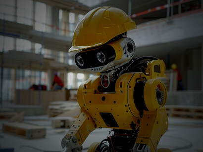 Futuristic scene of a high-tech robot working in the construction industry