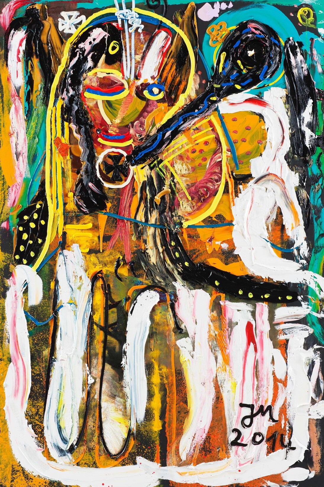 Jonathan Meese, "TANTE ANIMALNUSS SCHENKT MIR IMMER DAS RAUMSCHIFF "KNACKO-MICH" 2014, oil and acrylic on canvas, 210.5 x 140.3 x 3.3 cm, 82 7/8 x 55 1/4 x 1 1/4 ins, Copyright the artist; Courtesy the artist and Stuart Shave/Modern Art, London