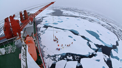 Drift ice camp in the middle of the Arctic Ocean as seen from the deck of icebreaker Xue Long