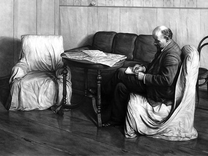 Vladimir Lenin in Smolny. Compressed charcoal on paper, 140 x 212 cm, 2020