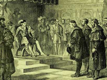 Os três enviados protestantes na presença do imperador Carlos V. Carlos V revitalizou o conceito medieval da monarquia universal e defendeu a integridade do Sacro Império Romano desde a Reforma Protestante