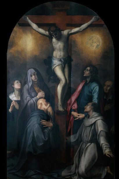 Carlo Portelli, Crocifisso con la Maddalena e San Giovanni dolenti, i Santi Antonio Abate e Francesco e i due committenti, Firenze, Museo del Cenacolo di San Salvi