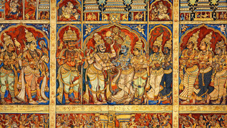 The bottom tier depicts gods seated on their respective vahanas, while the upper tier features a band of musicians playing instruments, Virupaksha Temple, Hampi, India