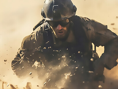 A frontal perspective of a soldier clad in camouflage gear, exhibiting a combative stance with an aura of aggression, anger, and unwavering toughness