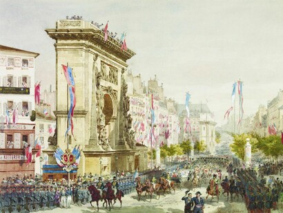 Royal visit to Napoleon III the entry of Queen Victoria into Paris 18th August 1855 Adolphe Jean Baptiste Bayot b1810 Royal Collection © Her Majesty Queen Elizabeth II 2016
