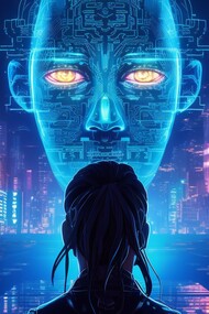 A vivid representation of artificial intelligence as a dynamic fusion of energy and matter, evolving through cycles of transformation in a technologically saturated world