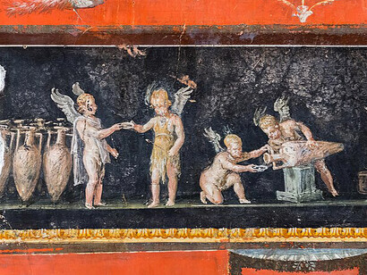 House of the Vettii VI 15,1 Pompeii 2023 West wall at north end, with painted panel of cupids buying and selling wine room