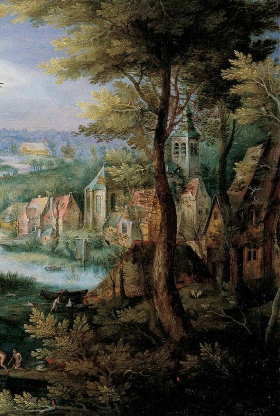 Jan Brueghel il Vecchio, Paesaggio fluviale con bagnanti, 1595-1600 Olio su rame, 17x22 cm Svizzera, collezione privata