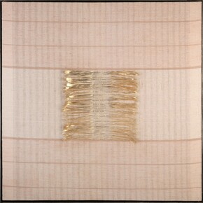 Elizabeth Hohimer, Eclipse 1, 2024, Pine paper, clay, linen, and gold-leafed paper thread,
36 x 36 x 1 1/2 inches. Courtesy of the artist and Gerald Peters Contemporary