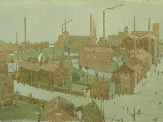Michael Upton, Northern Town, oil on board, 42 x 69 cm 