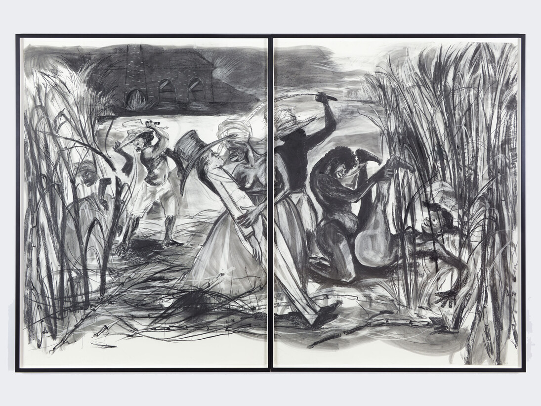Kara Walker, Stages of Sugar Production: Cutting, Grinding, Refining, 2014, Graphite and charcoal on paper, 2 parts: 98.25 x 72 inches (249.6 x 182.9 cm), each. © Kara Walker; courtesy of Sikkema Jenkins & Co., New York