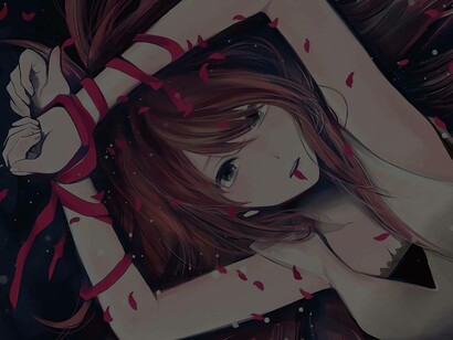 A character from the manga series Scum's Wish tied up in a red ribbon