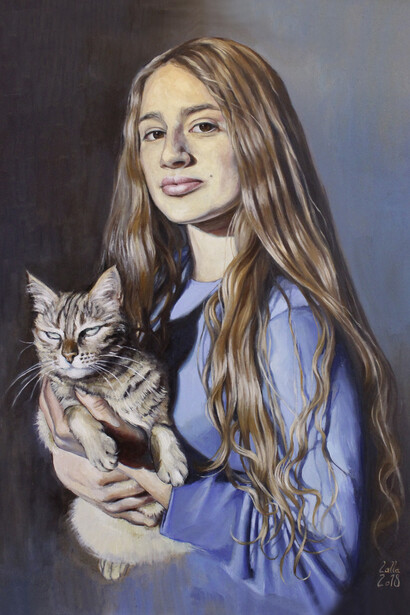 Ilaria Gonnelli, Le due gatte, olio su masonite, 50x60cm, 2018