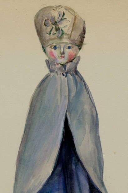 "Muñeca de moda", acuarela y grafito sobre papel, Mina Lowry, 1936