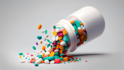 Medicine bottle spilling colorful pills 