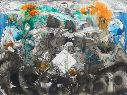 Max Razdow, Six and Seven Headed Serpents, 2013, Pen and ink on paper, 22 x 30 inches