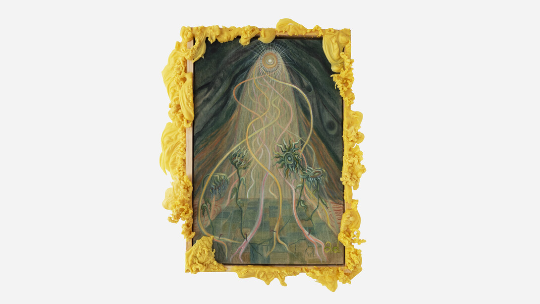 Ayla Dmyterko, Can’t catch lost time or the thinning earth, 2021. Oil on linen with poured beeswax frame. 90 x 54.5 x 7.5 cm. Unique