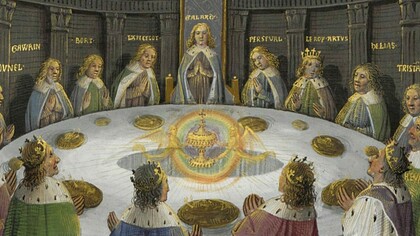 Os cavaleiros vêem o Santo Graal reunidos na Távola Redonda