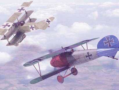 Digital art by Dario Silva representing the first triplane of Richtoffen escorted by Meyer’s Albatros