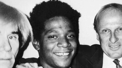 Picture of Jean Michel Basquiat with Andy Warhol, Francesco Clamente and Bruno Bischofberger in New York, 1984  