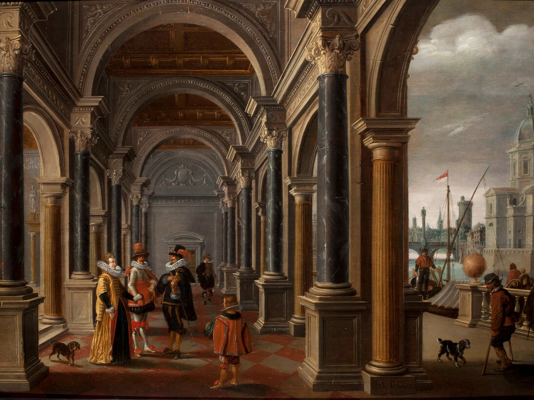 B Van Bassen & E Van De Velde, 1590-1652/ 1590-1630,
Dutch School, Elegant Figures in a Renaissance Arcade, a City Beyond, Oil on Panel, 23 1/2 x 36 1/2 inches (59.5 x 92.7 cms), Signed: “B.V.Bassen"
