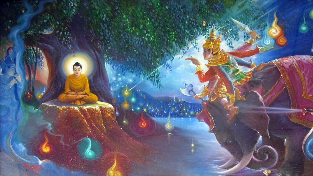 Mara fracasa en su intento de tentar a Buda para que no alcance la iluminación y de capturar el Trono Dorado (Pintura mural en un monasterio en Penang, Malasia)