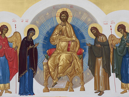An Orthodox icon of the Lord Jesus Christ enthroned, surrounded by an mandorla and the Most Holy Mother of God Saints Mary, John the Baptist and Archangels Michael and Gabriel