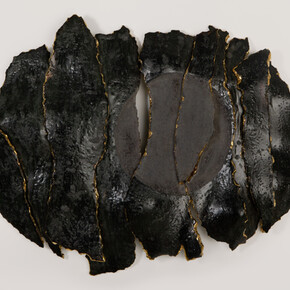 Diaz & Hengst, Remnants, 2023, ceramics and 24K gold, 78x42x4 inches. Courtesy of Leila Heller Gallery