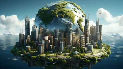 A visionary depiction unfolds, revealing a technologically advanced Earth adorned in lush greenery, free from the impacts of climate change, providing a glimpse into a sustainable and environmentally harmonious future, designed by Freepik