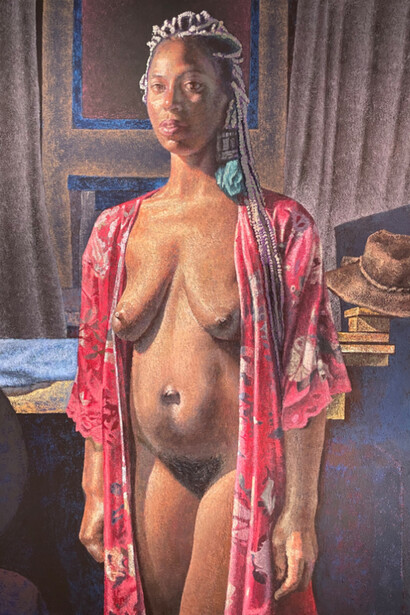 Miguel Colón, The Red Kimono, 2023, flashe on canvas, 48×36 inches. Courtesy of Fountain House Gallery