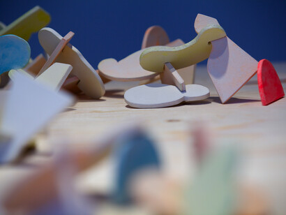 Installation view of Marine Duroselle, 'Preview of Shades' (2014) at Marsden Woo Project Space, focus on 'Play Cut-out', photo © Philip Sayer, courtesy of Marsden Woo Gallery, London