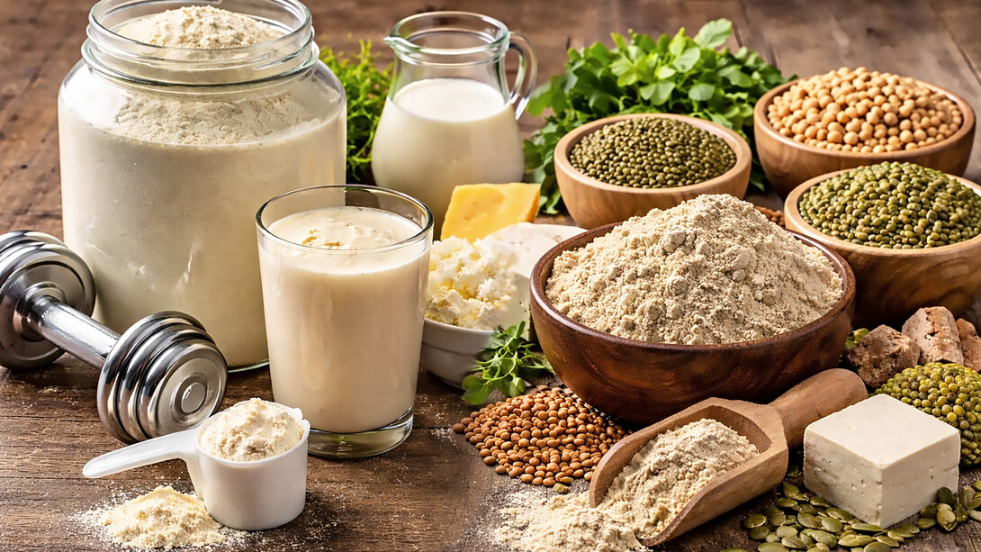 Whey and plant-based protein sources displayed together, highlighting differences in composition, texture, and nutritional origin in a natural, realistic setting