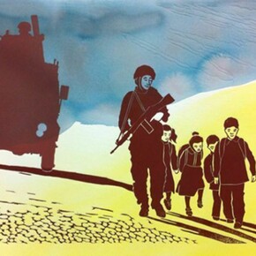 Laurie Lee-Georgescu, Soldier with Children, Linocut print with acrylic wash, 15 x 20 inches