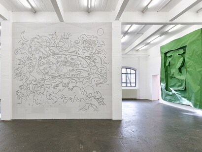 Exhibition view «La fine ligne», with works from Simone Holliger, Linus Bill + Adrien Horni and Simon Paccaud. Photo: Kunst Halle Sankt Gallen, Sebastian Schaub