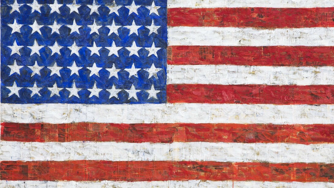Sturtevant, Johns Flag for Dea,
1991,
encausto e collage su tela,
Courtesy Estate Sturtevant, Galerie,
Thaddaeus Ropac, Paris-Salzburg,
Foto Amedeo Benestante