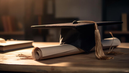 An image of a stack of diplomas resting on a vintage bookshelf background, symbolizing the achievements of university education and graduation