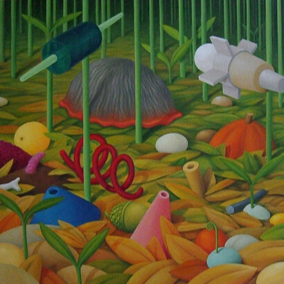 Fruit on the forest floor, oil on canvas, 100 x 100 cm, Mark Weighton 1999