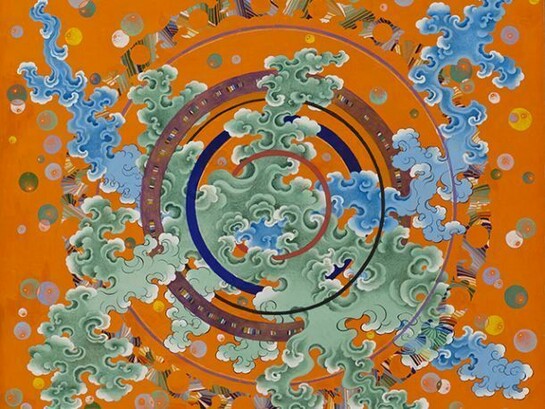 Pema Rinzin, Wheel of Time and Space (2), 2014, Ground mineral pigments, gold, on wood, 20 x 24 inches. Images courtesy of Joshua Liner Gallery