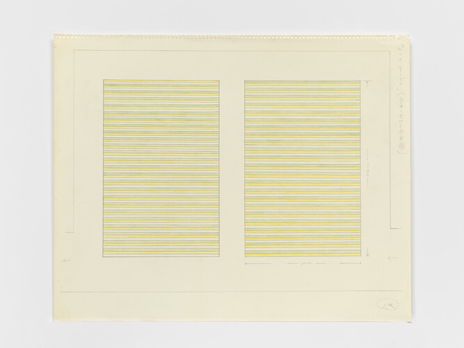 On Kawara, Paris–New York Drawing no. 144, 1964, Graphite and colored pencil on paper, perforated top edge, 4 9/16 x 18 1/16 inches (37 x 46 cm), Collection of the artist. Photo: Courtesy David Zwirner, New York/London