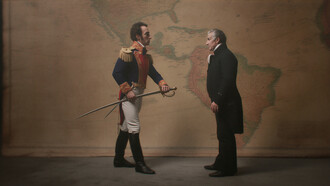 James Monroe (1817–1825) inspirierte Doktrin etabliert: *Amerika für die Amerikaner* und keine europäischen Ambitionen auf dem Kontinent. Bild: Simón Bolívar und James Monroe