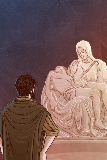 Michelangelo's Pietà. Illustration by Sabrina Gabrielli for the art book Michelangelo and the dream of the Sistine Chapel