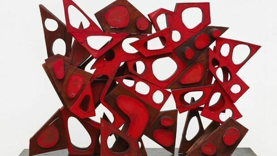 Mel Kendrick, Red Wall #6, 2013, mahogany and red japan color, 29 x 40 x 8 in, 73.7 x 101.6 x 20.3 cm