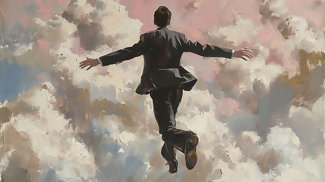 A man walking alone through the clouds symbolizes the essence of American individualism