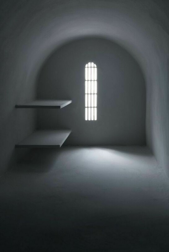 James Casebere, Two Bunk Cell, 1998, framed cibachrome print mounted to Dibond, image: 58 1/8 x 46 1/2 inches (147.6 x 118.1 cm), framed: 61 1/8 x 49 1/2 inches (155.3 x 125.7 cm) ©James Casebere, Courtesy Sean Kelly, New York