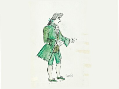 Emanuele Luzzati, bozzetti di costumi per “Il matrimonio segreto” di Domenico Cimarosa: Paolino. Matita, pastello e tempera su carta, 1981. Regia di Massimo Scaglione, produzione del Teatro Regio di Torino