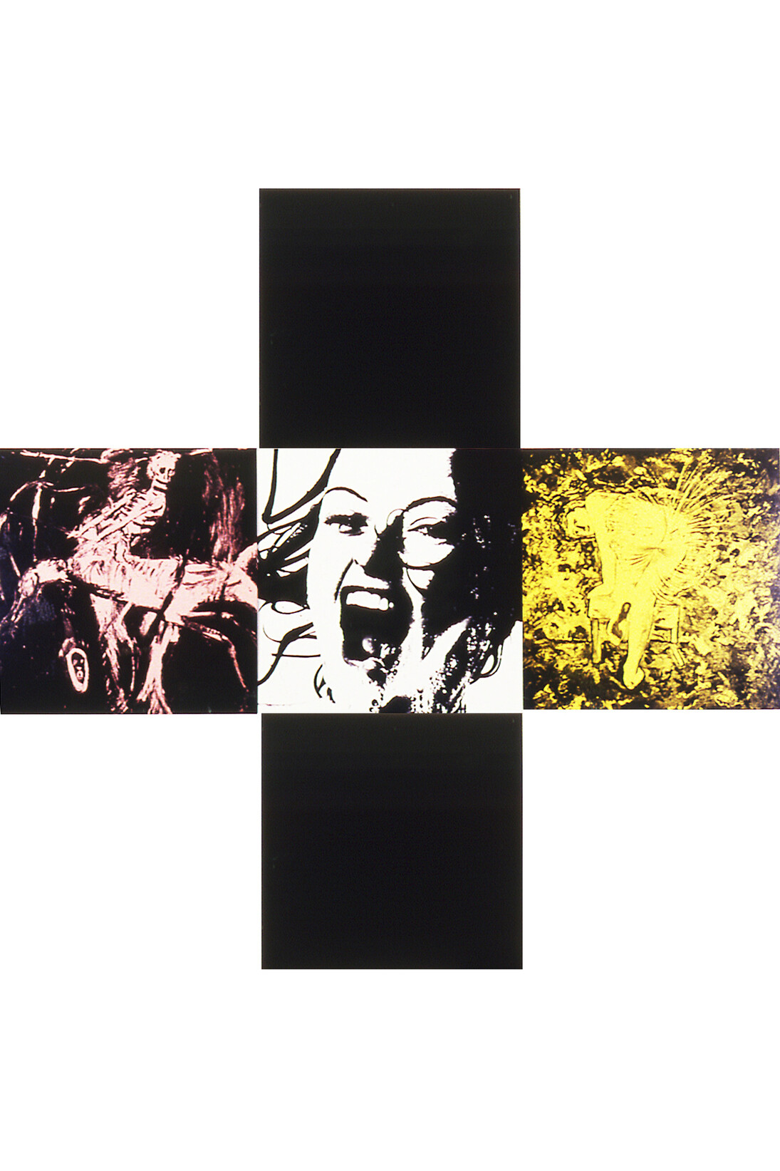 Gretchen Bender, 1951-2004, Untitled (The Pleasure is Back) 1982, Five parts; photo silkscreen print on enamel sign tin, support: 610 x 610 mm, each panel
displayed: 1829 x 1829 mm, © Estate of Gretchen Bender. Image courtesy of The Mint Museum, Charlotte, NC.
 
