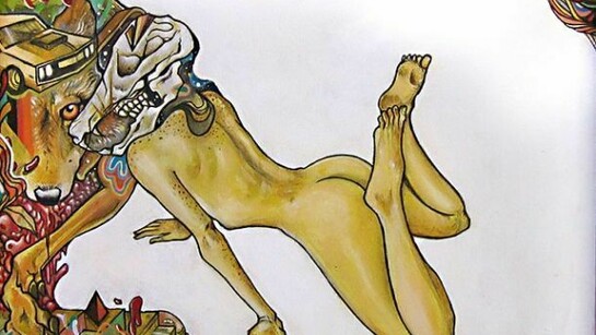 Eatcho, “Headless”, acrylic, ink, spray paint on canvas, 21″ x 17″