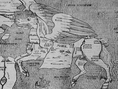 Asia secunda pars terrae in forma Pegasir from the biblical travel book Itinerarium sacrae scripture by Heinrich Bünting, 1581. A highly imaginative view of Asia which requires considerable imagination to see the form of the continent or vice versa. (photographed from The Mapmaker's Art: A History of Cartography by John Goss, pg. 334)
