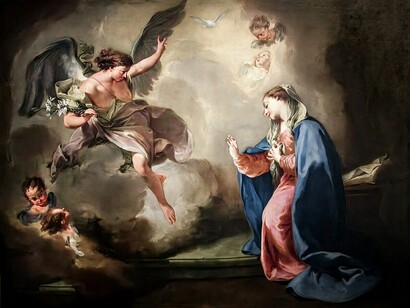 Virgen María, el arcángel Gabriel y ángeles. Giambattista Pittoni (1687-1767) Pintura, 
"Anunciación", 1757, Galería de la Academia, Venecia