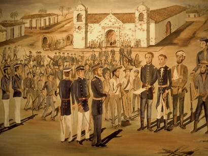 Pintura que muestra al filibustero William Walker rindiéndose en 1857 en San Juan del Sur
